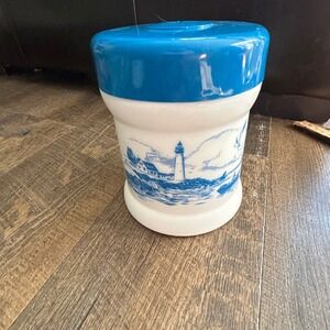 Vintage Belgium Delft Blue Milk Glass Canister Nautical Lighthouse Scene 6in